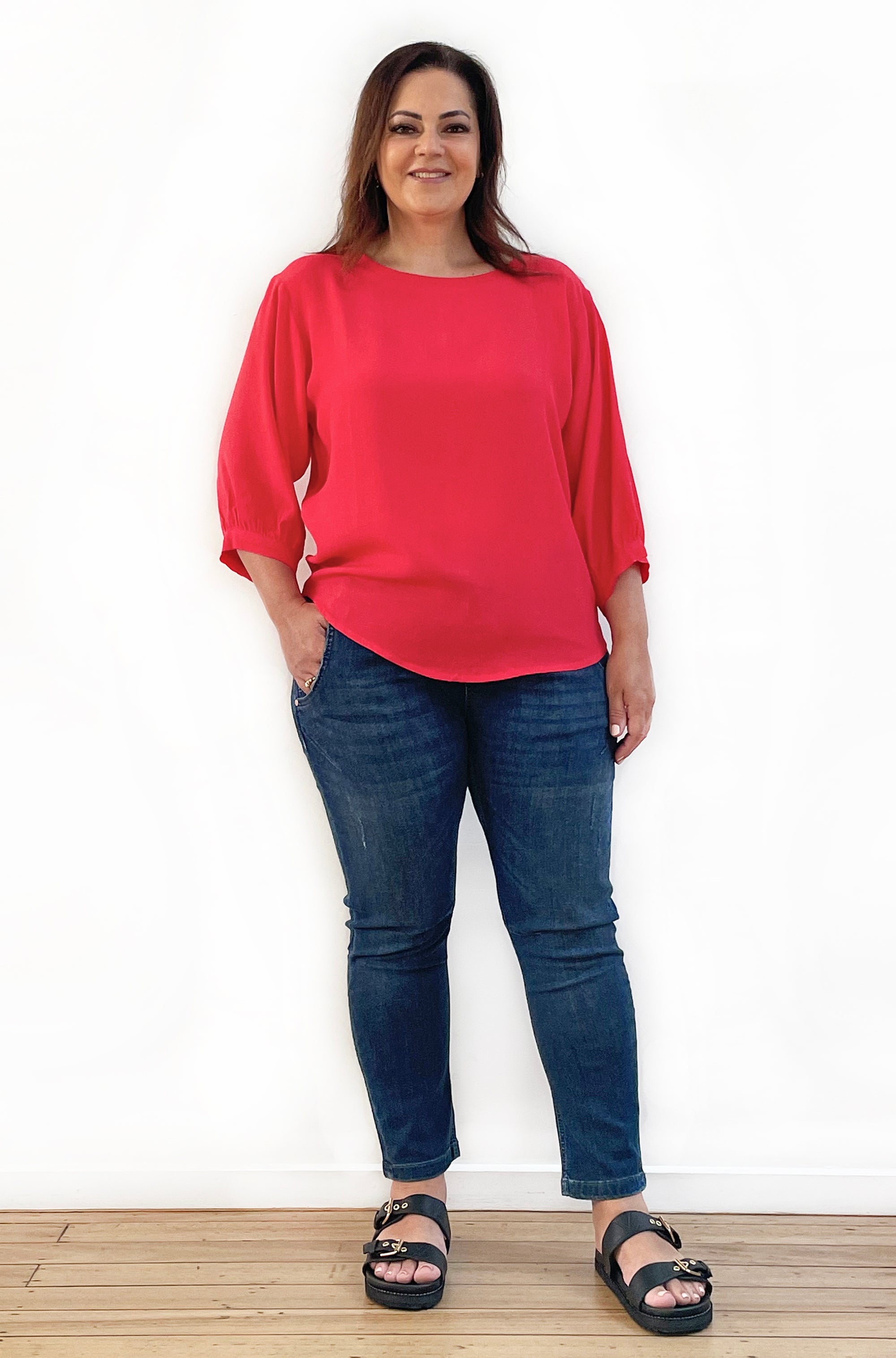 VISCOSE GATHERED SLEEVE TOP POPPY RED