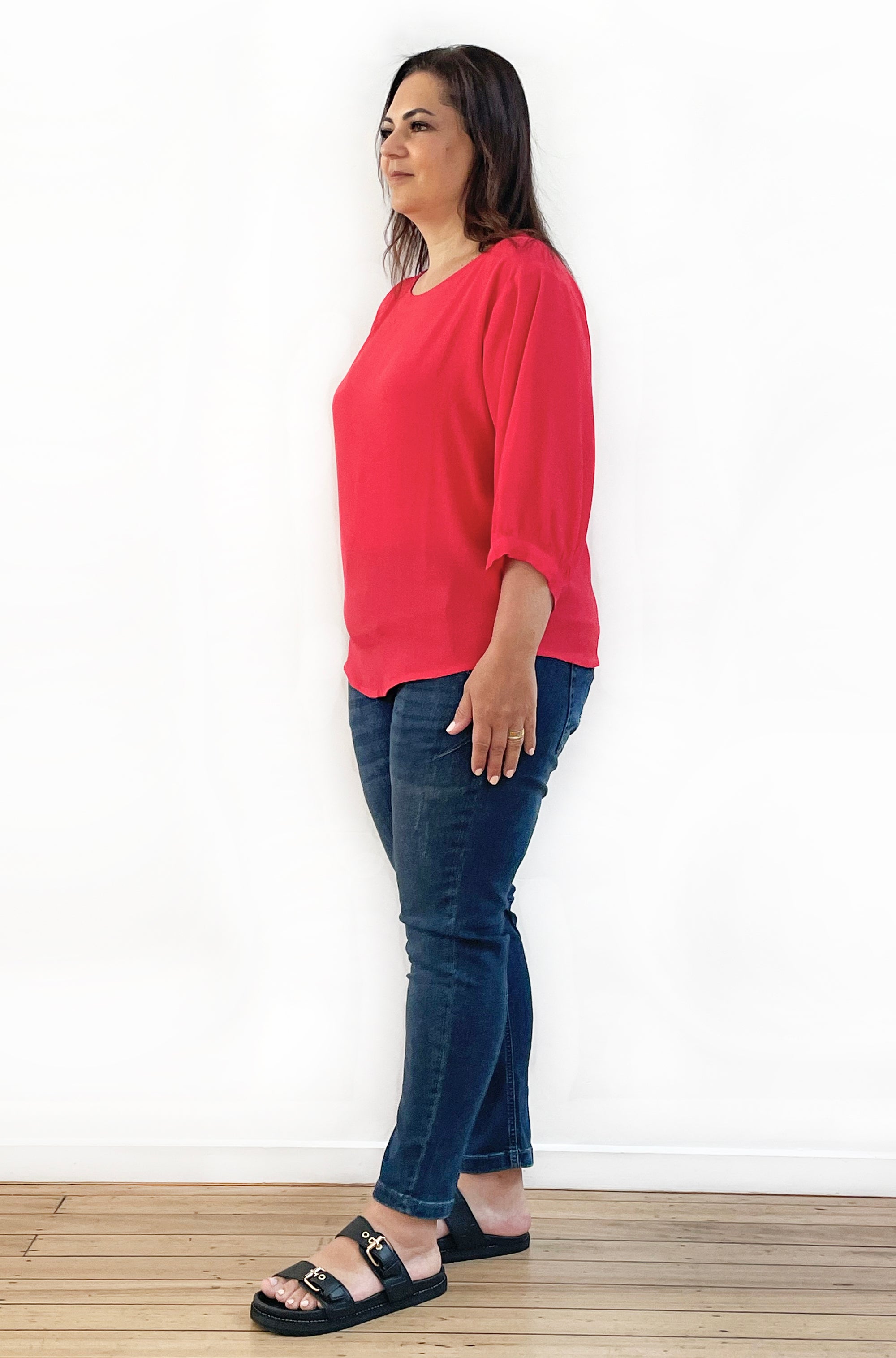 VISCOSE GATHERED SLEEVE TOP POPPY RED