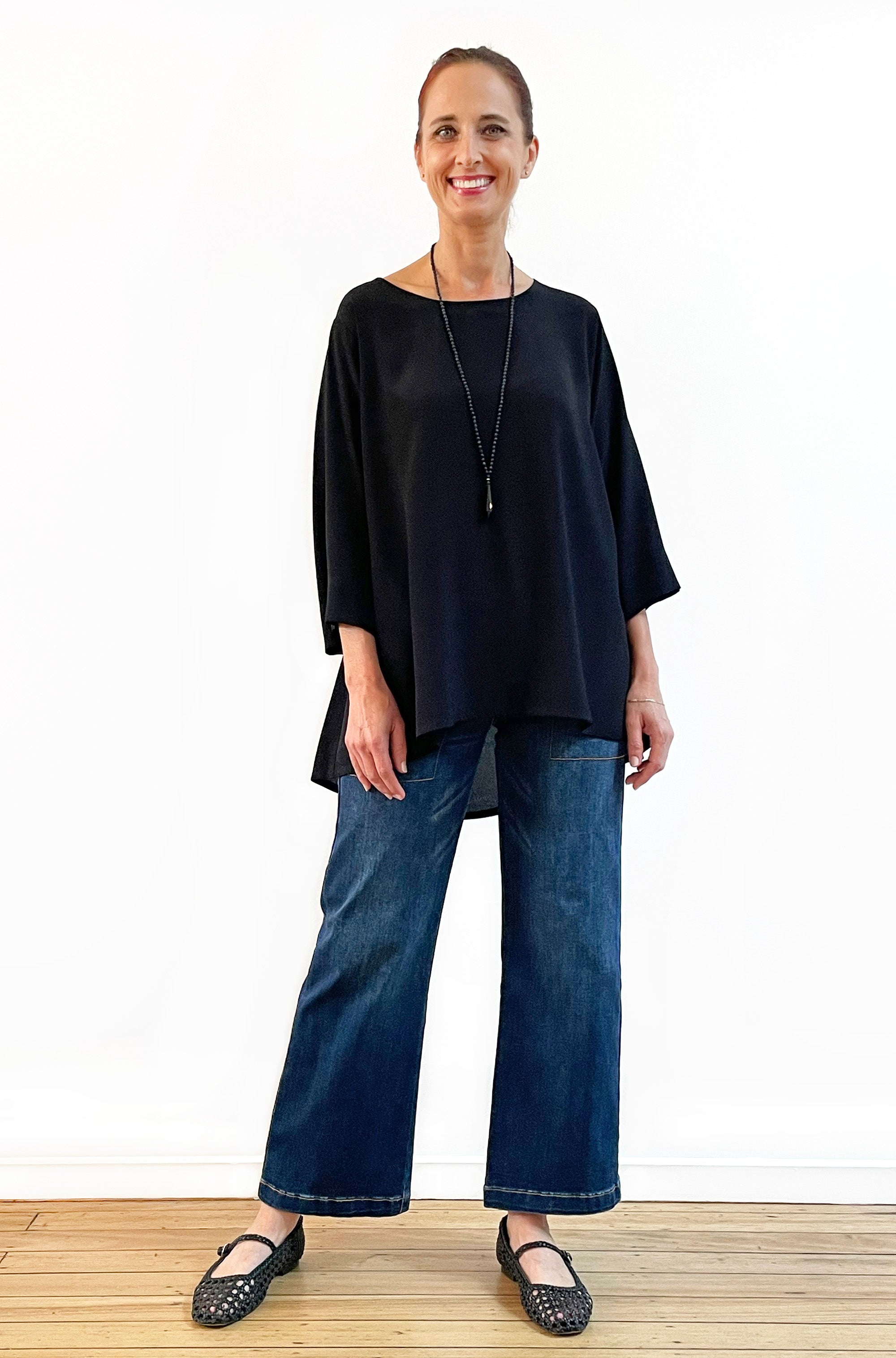 VISCOSE 3/4 SLEEVE HI LO TOP BLACK