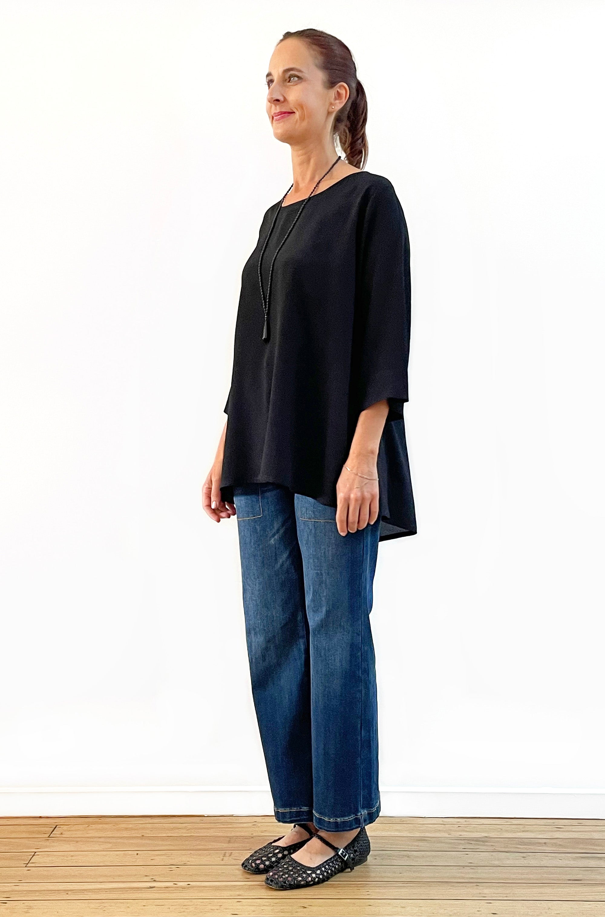 VISCOSE 3/4 SLEEVE HI LO TOP BLACK