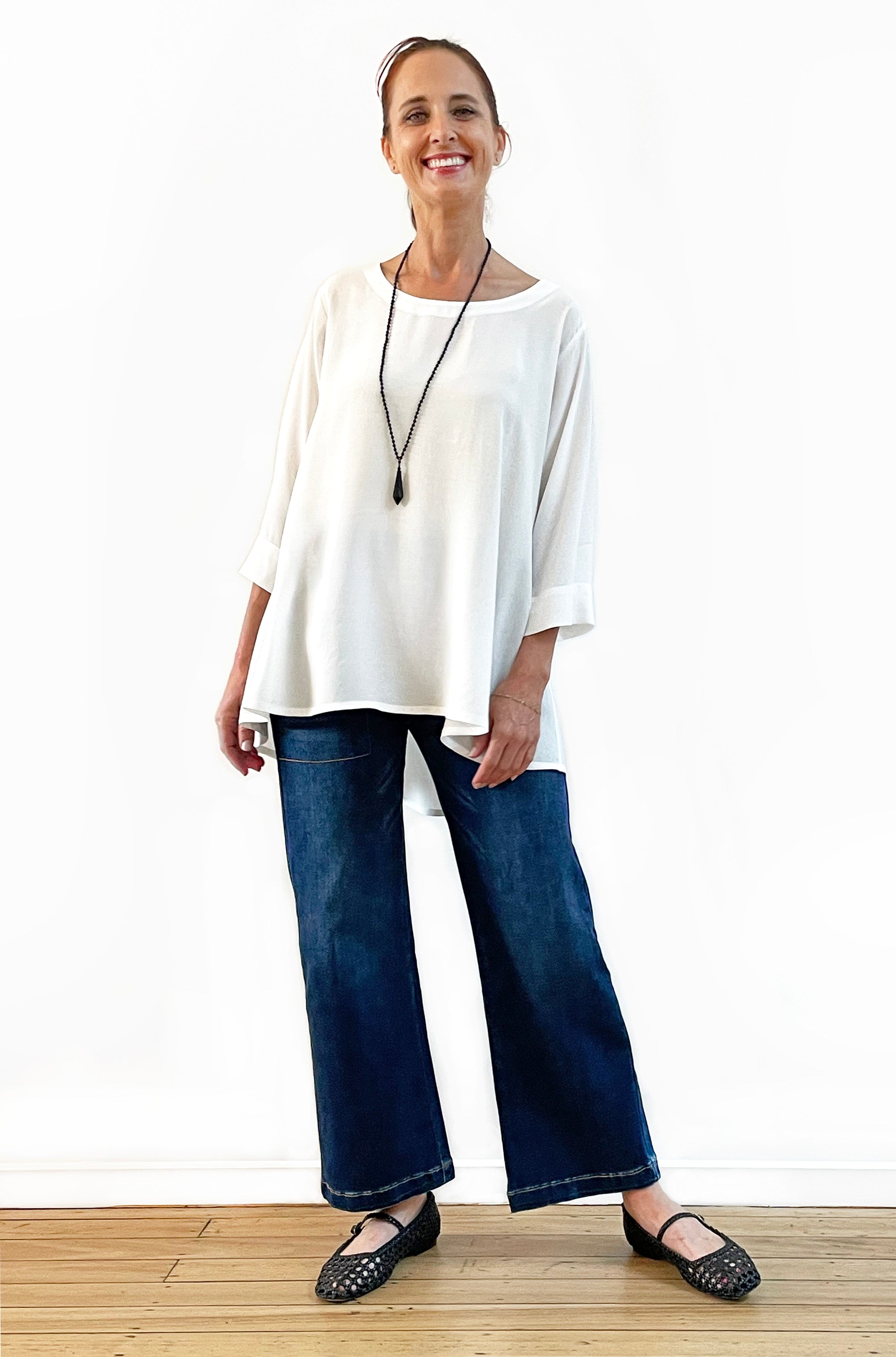 VISCOSE 3/4 SLEEVE HI LO TOP IVORY