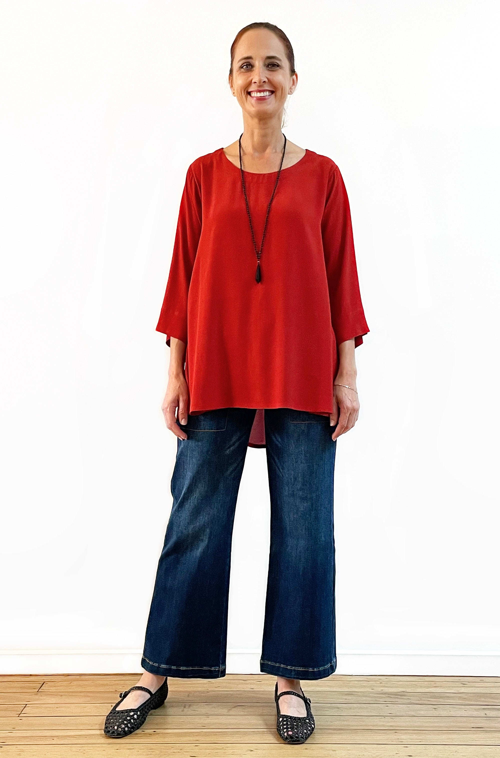 VISCOSE 3/4 SLEEVE HI LO TOP PAPRIKA