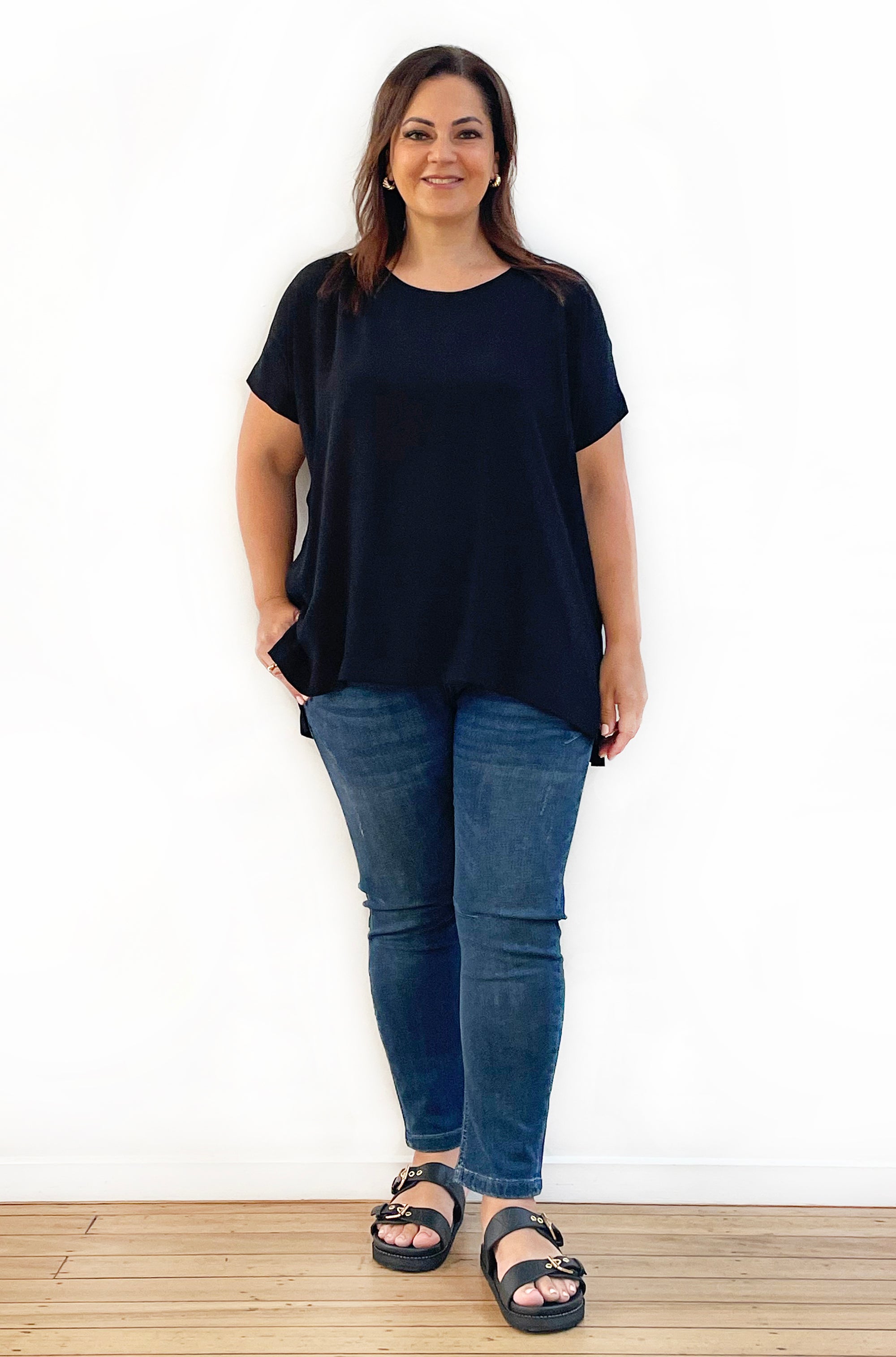 VISCOSE WOVEN TEE TOP BLACK