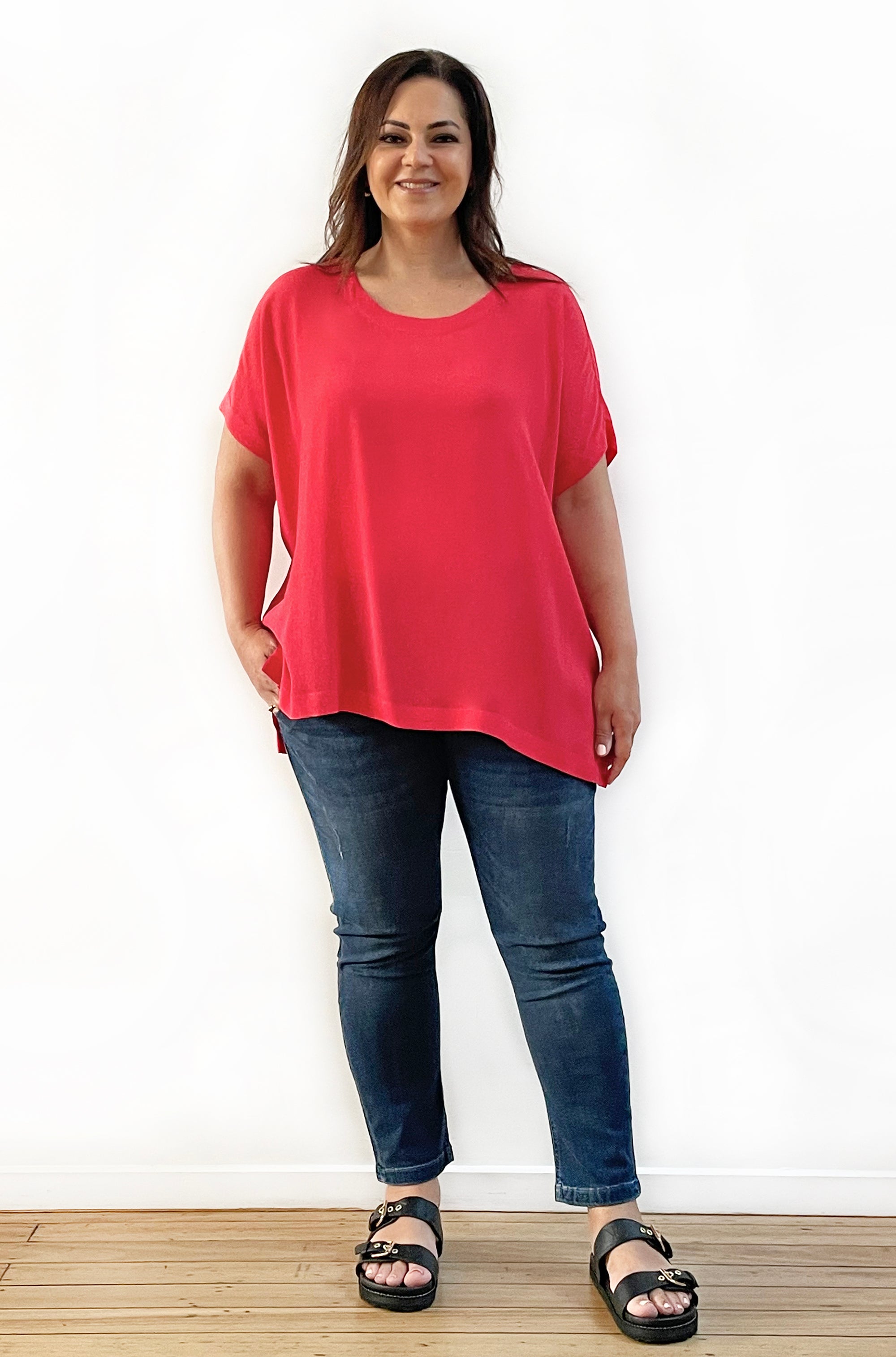 VISCOSE WOVEN TEE TOP POPPY RED