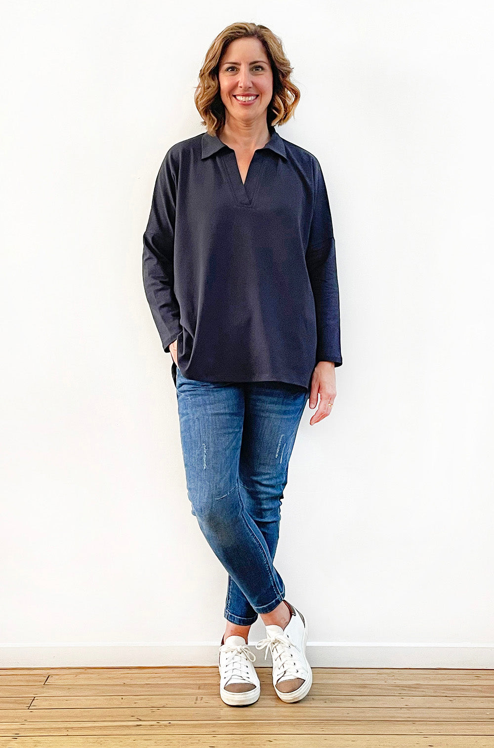BAMBOO/ORGANIC COTTON COLLARED TOP PEWTER