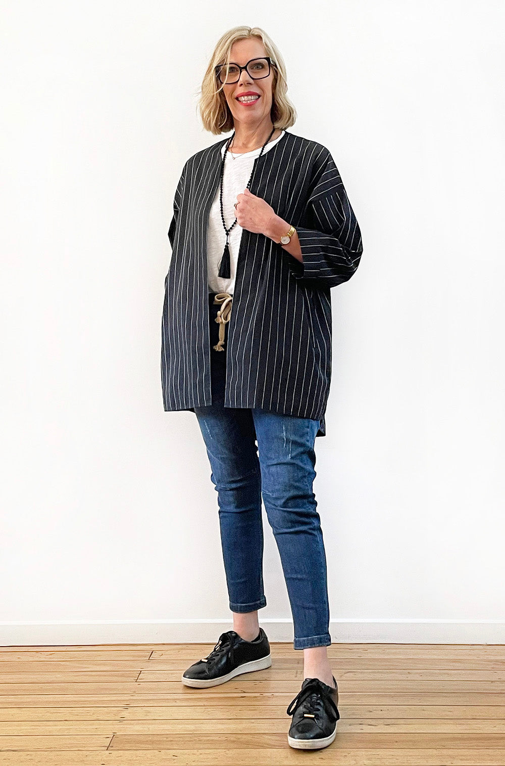 COTTON EASY JACKET BLACK PINSTRIPE