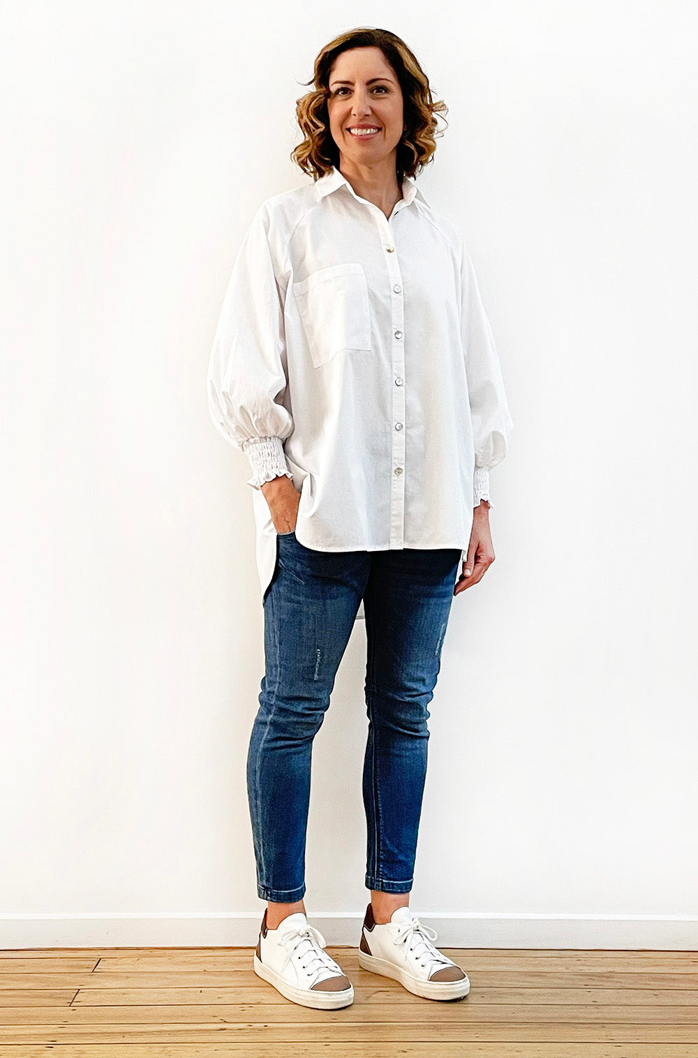COTTON SHIRRED SLEEVE SHIRT WHITE