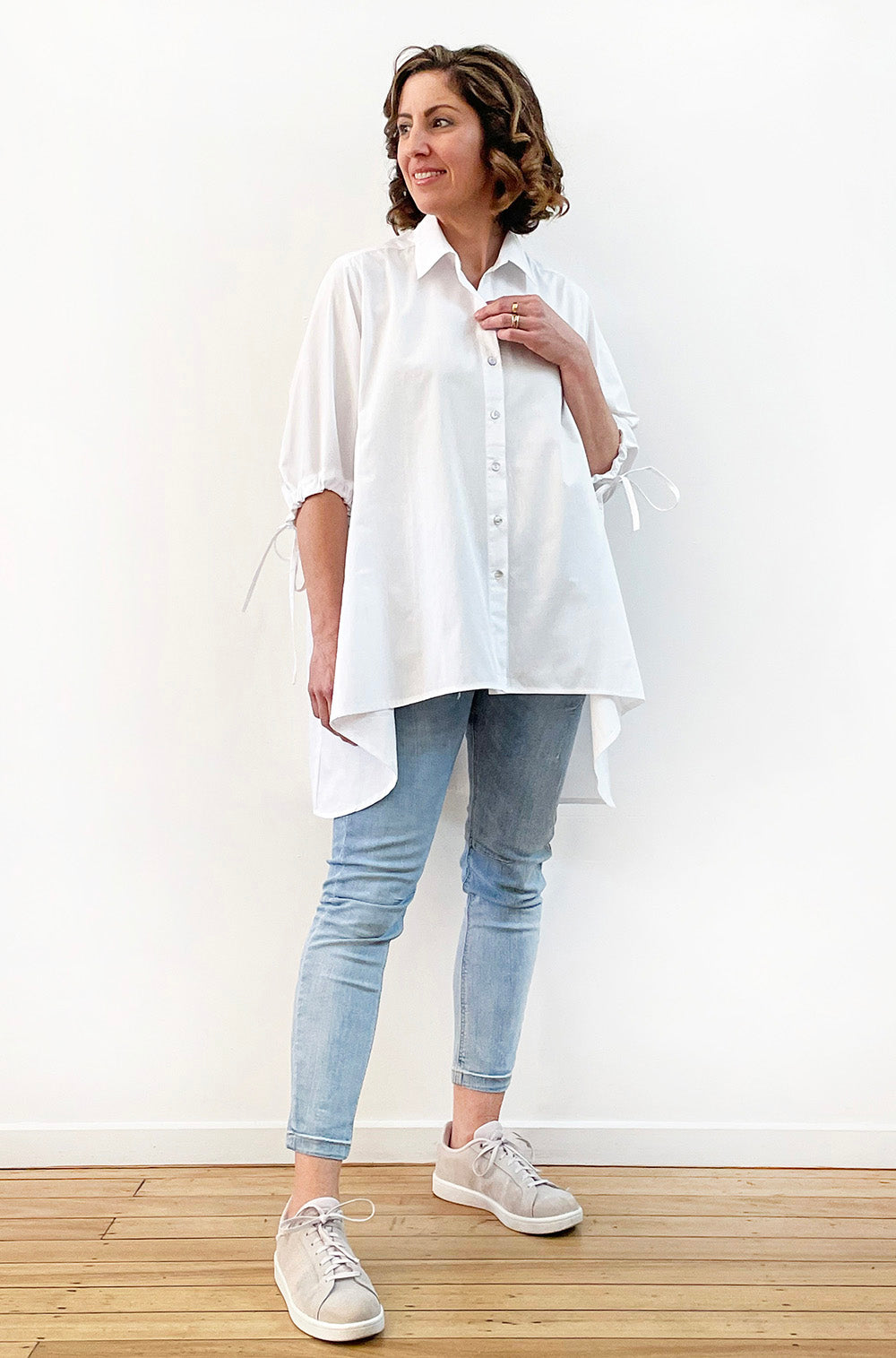 COTTON TIE SLEEVE HI LO SWING SHIRT WHITE