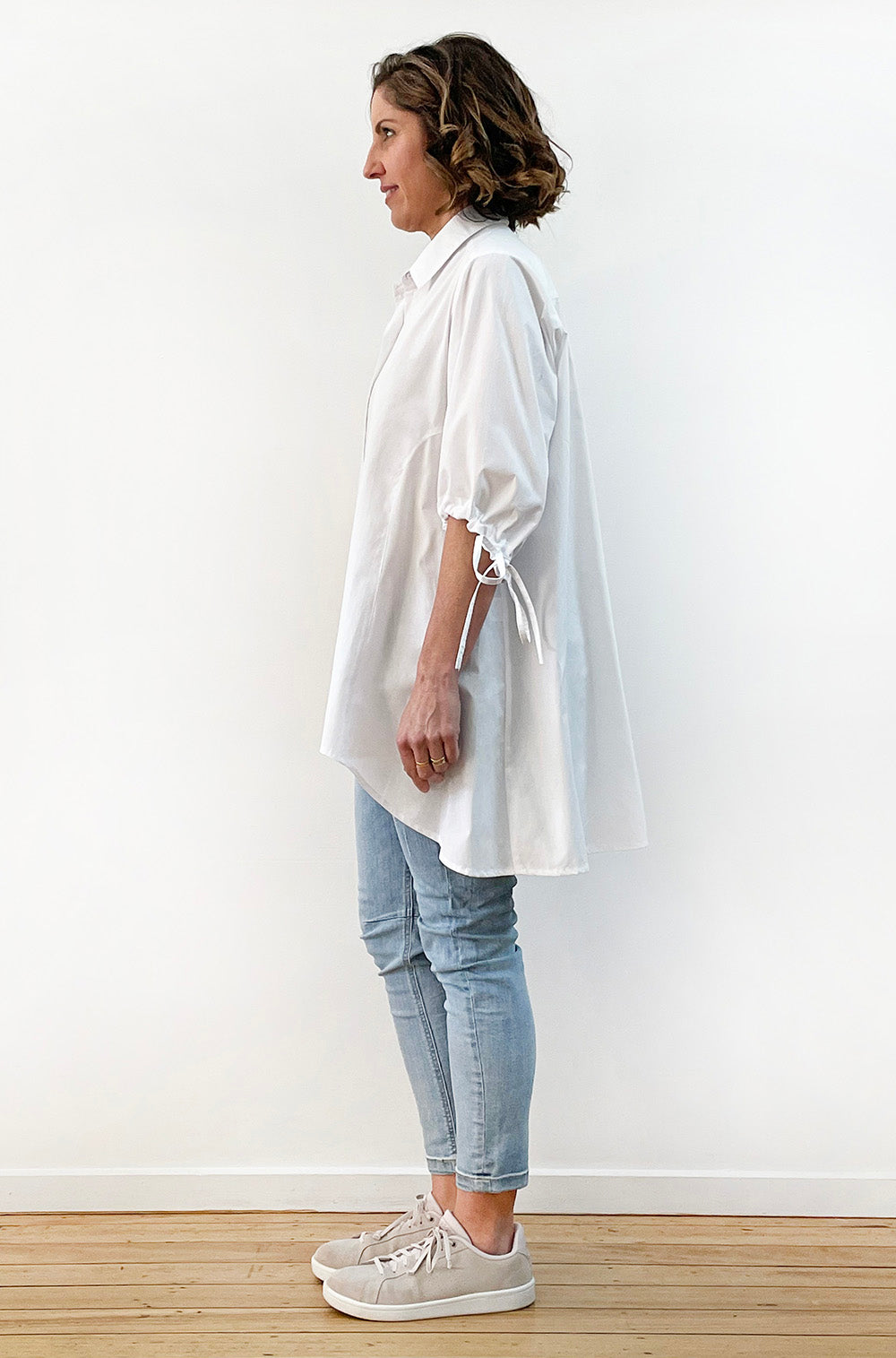 COTTON TIE SLEEVE HI LO SWING SHIRT WHITE
