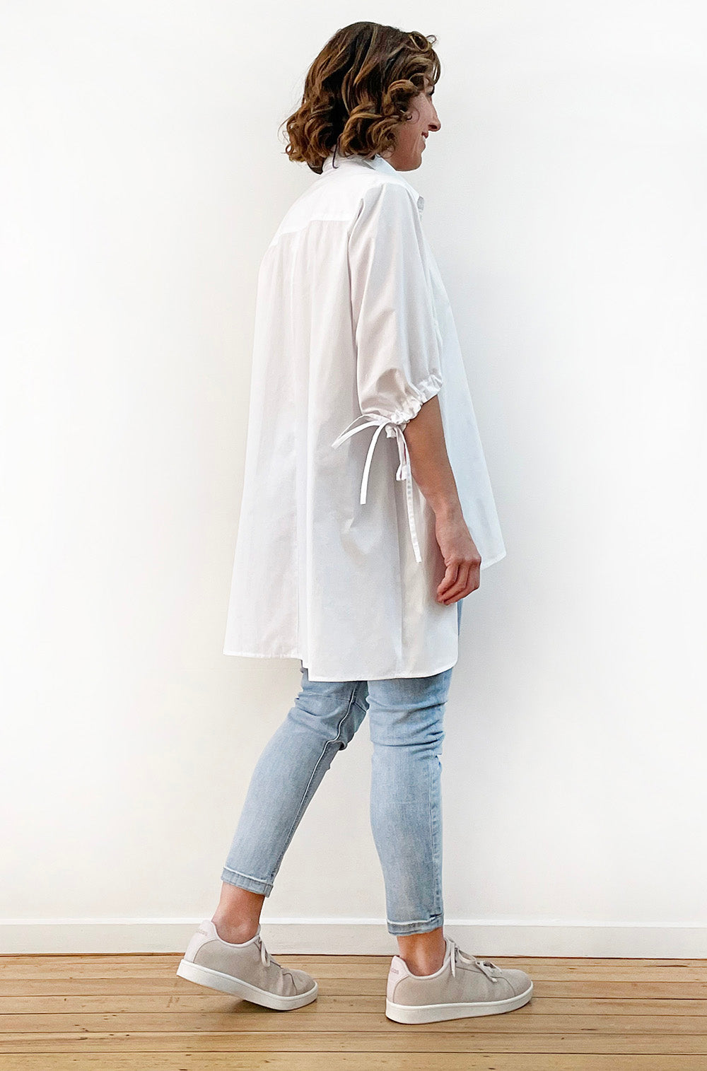 COTTON TIE SLEEVE HI LO SWING SHIRT WHITE
