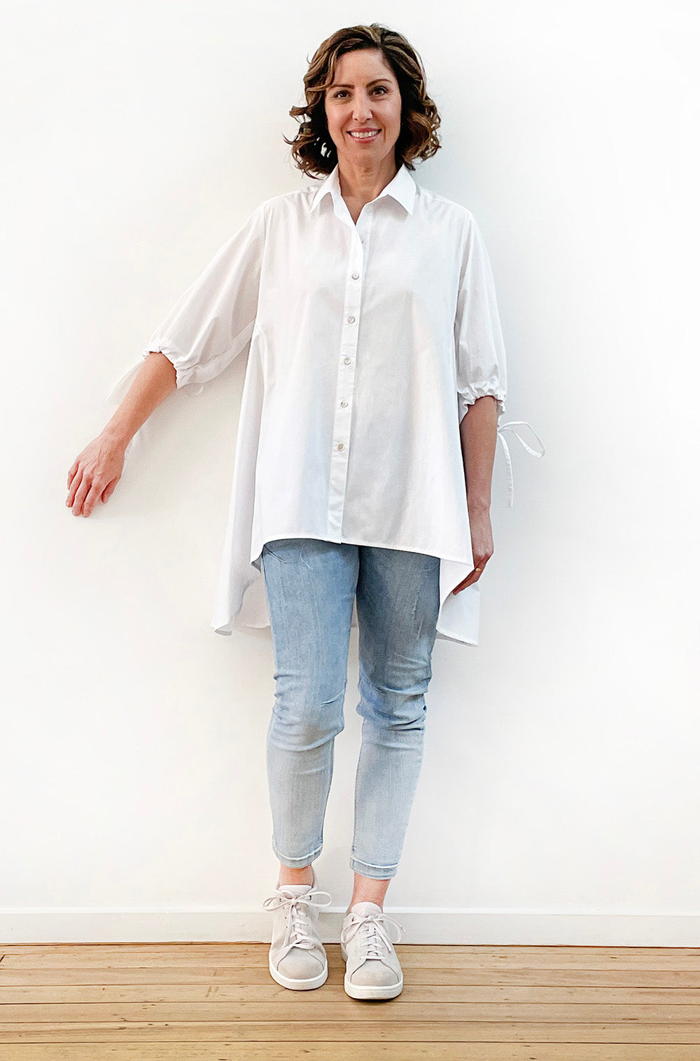 COTTON TIE SLEEVE HI LO SWING SHIRT WHITE