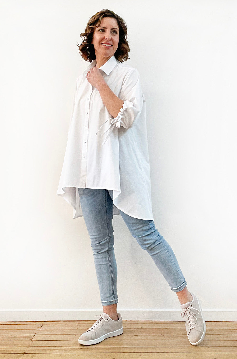 COTTON TIE SLEEVE HI LO SWING SHIRT WHITE
