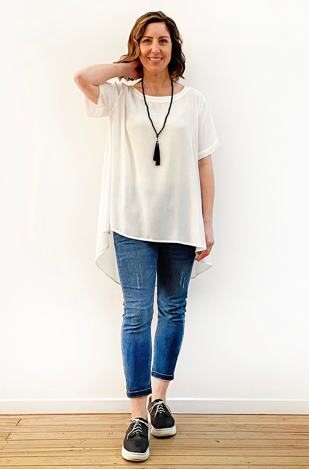 VISCOSE SHORT SLEEVE HI LO TOP IVORY