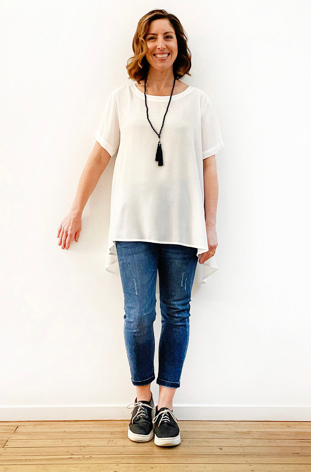 VISCOSE SHORT SLEEVE HI LO TOP IVORY