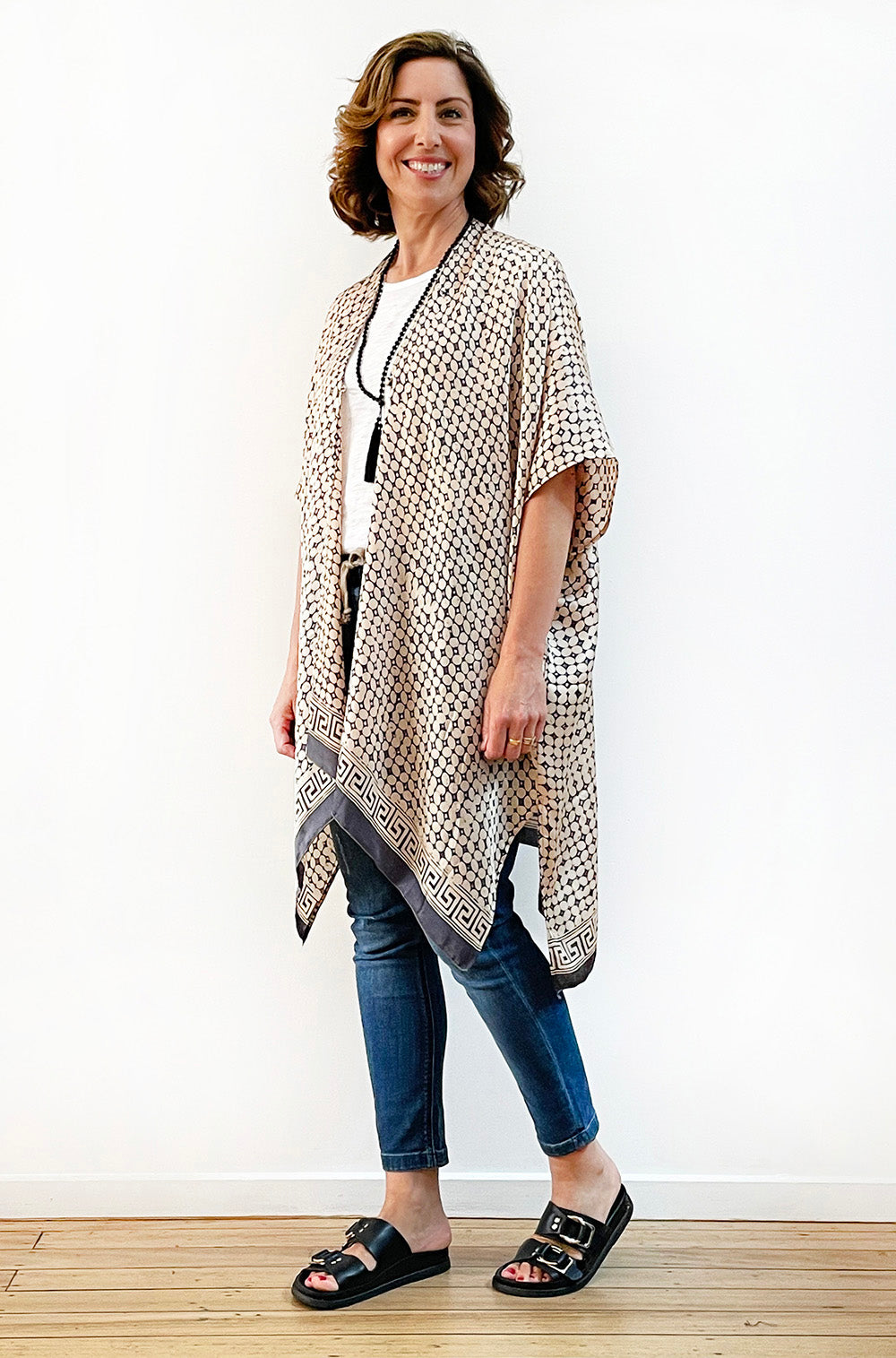 SILK KIMONO IN ECRU AND GREY PRINT