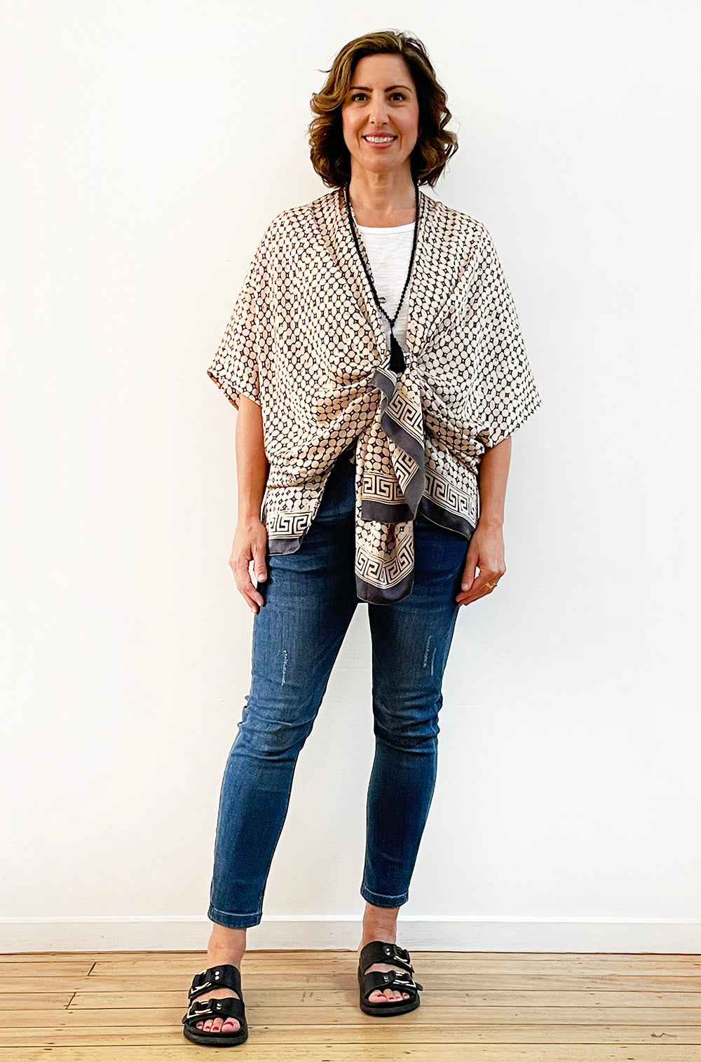 SILK KIMONO IN ECRU AND GREY PRINT