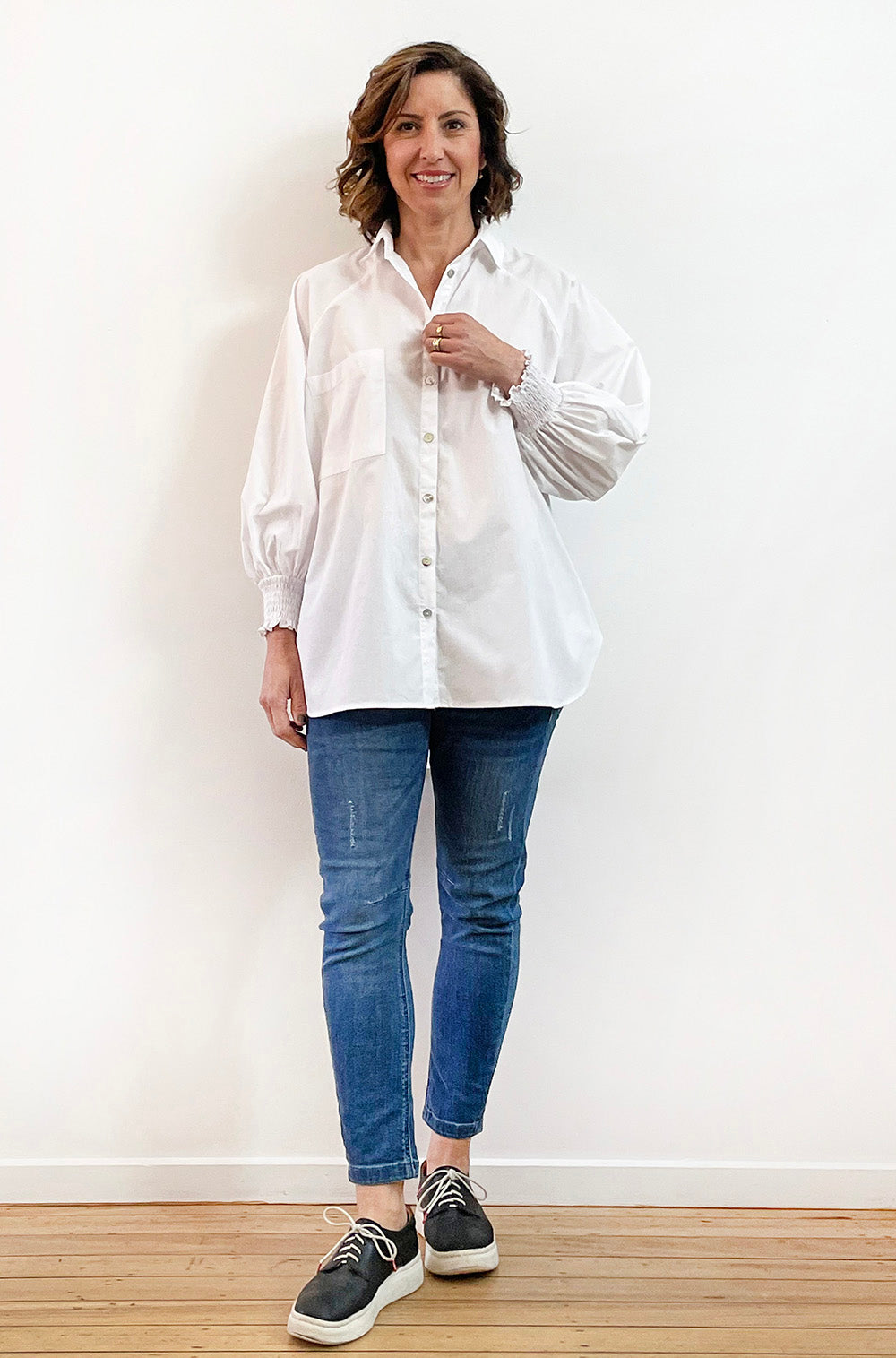 COTTON SHIRRED SLEEVE SHIRT WHITE