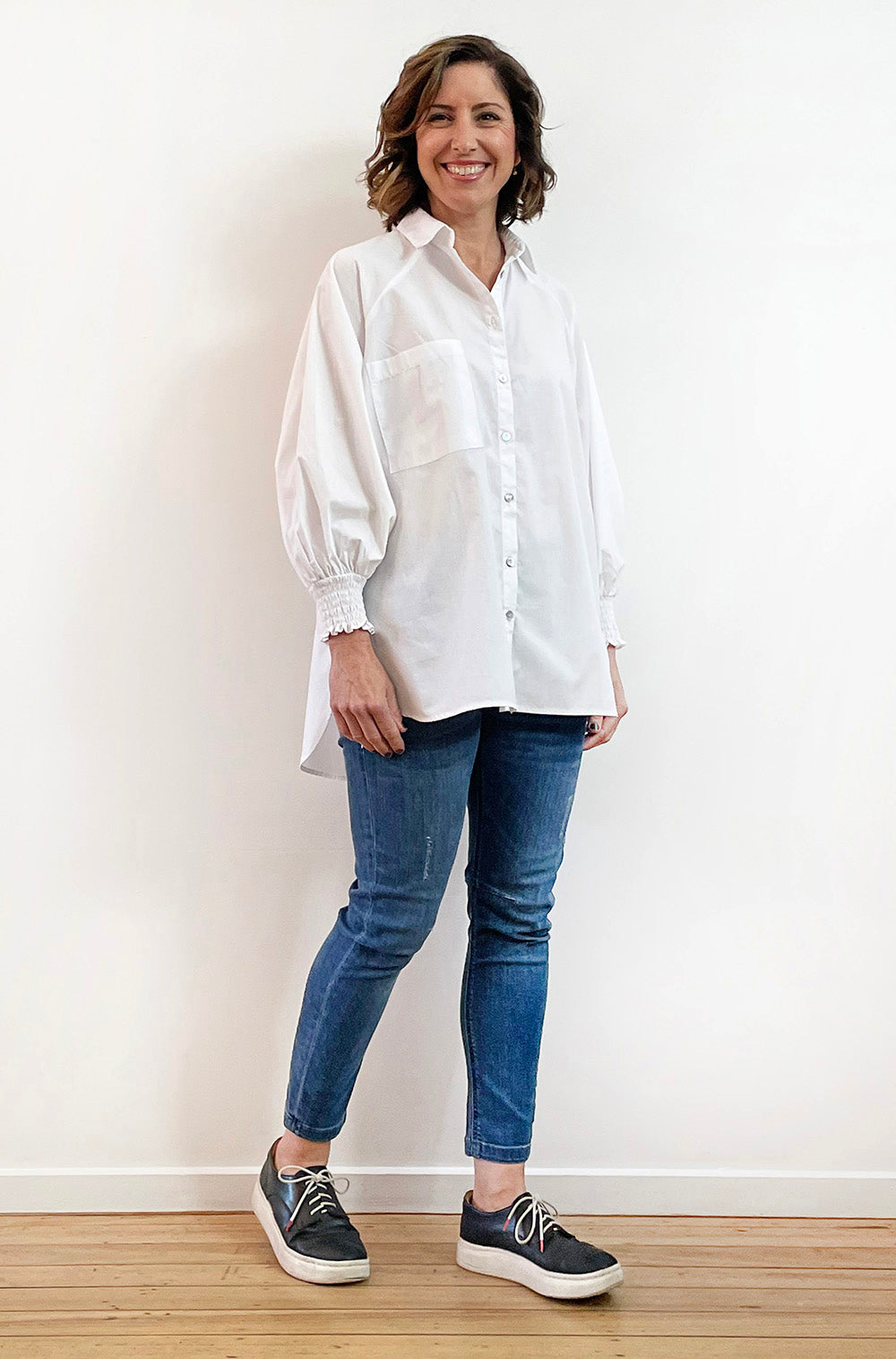 COTTON SHIRRED SLEEVE SHIRT WHITE