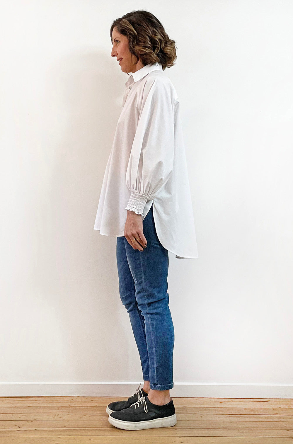 COTTON SHIRRED SLEEVE SHIRT WHITE