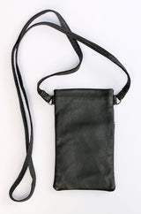Back of black leather phone bag on a white background