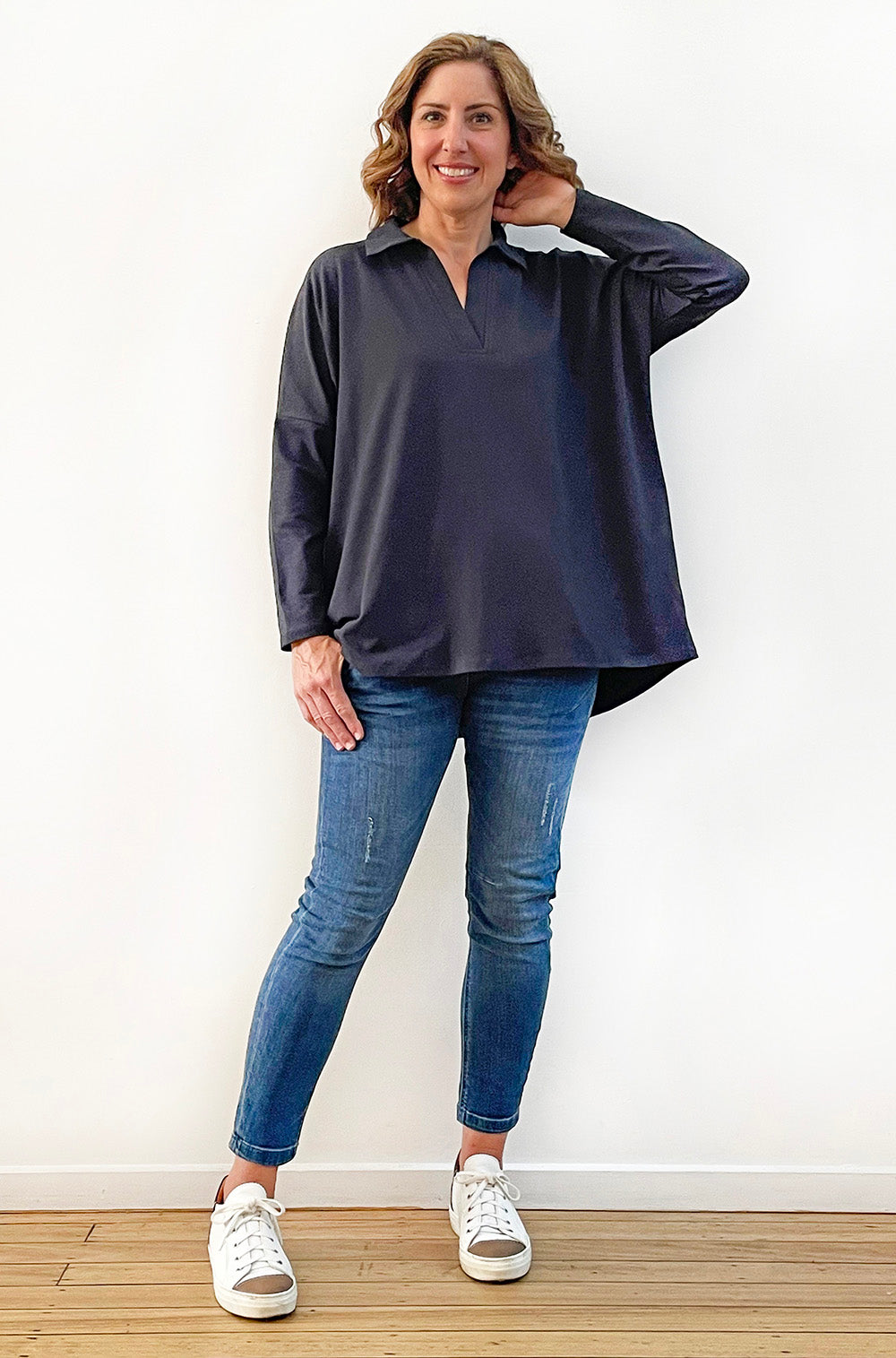 BAMBOO/ORGANIC COTTON COLLARED TOP PEWTER