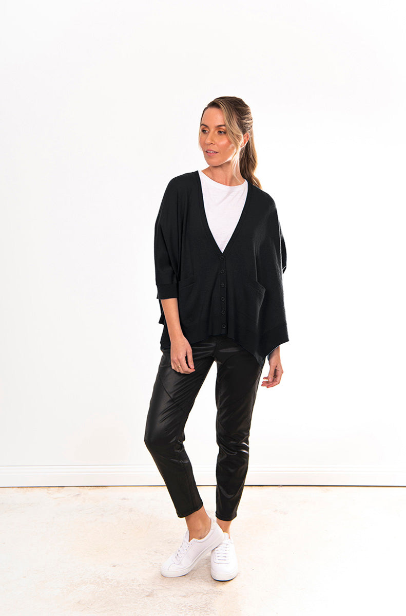 BRIDGE & LORD MERINO CASHMERE OVERSIZED BOXY CARDI BLACK