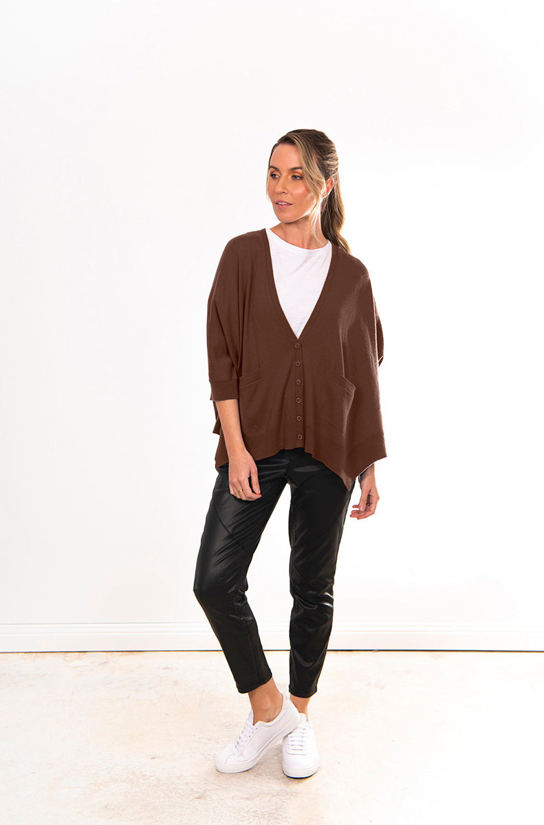 BRIDGE & LORD MERINO CASHMERE OVERSIZED BOXY CARDI ESPRESSO