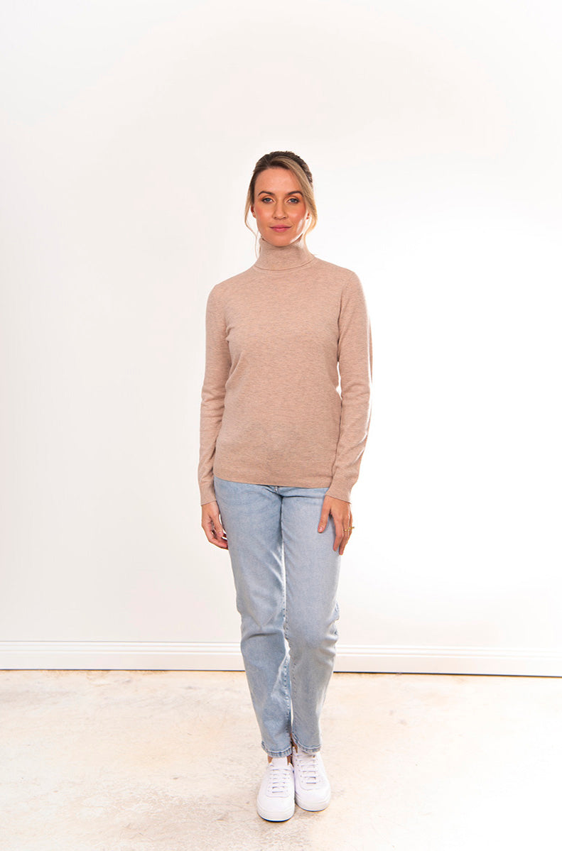 BRIDGE & LORD MERINO CASHMERE ROLL NECK PULLOVER STONE