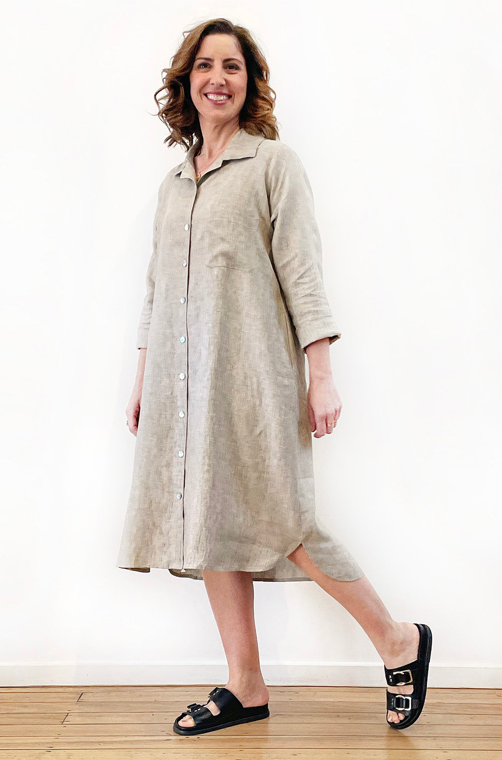 LINEN BUTTON THRU RAGLAN SHIRT DRESS SAND