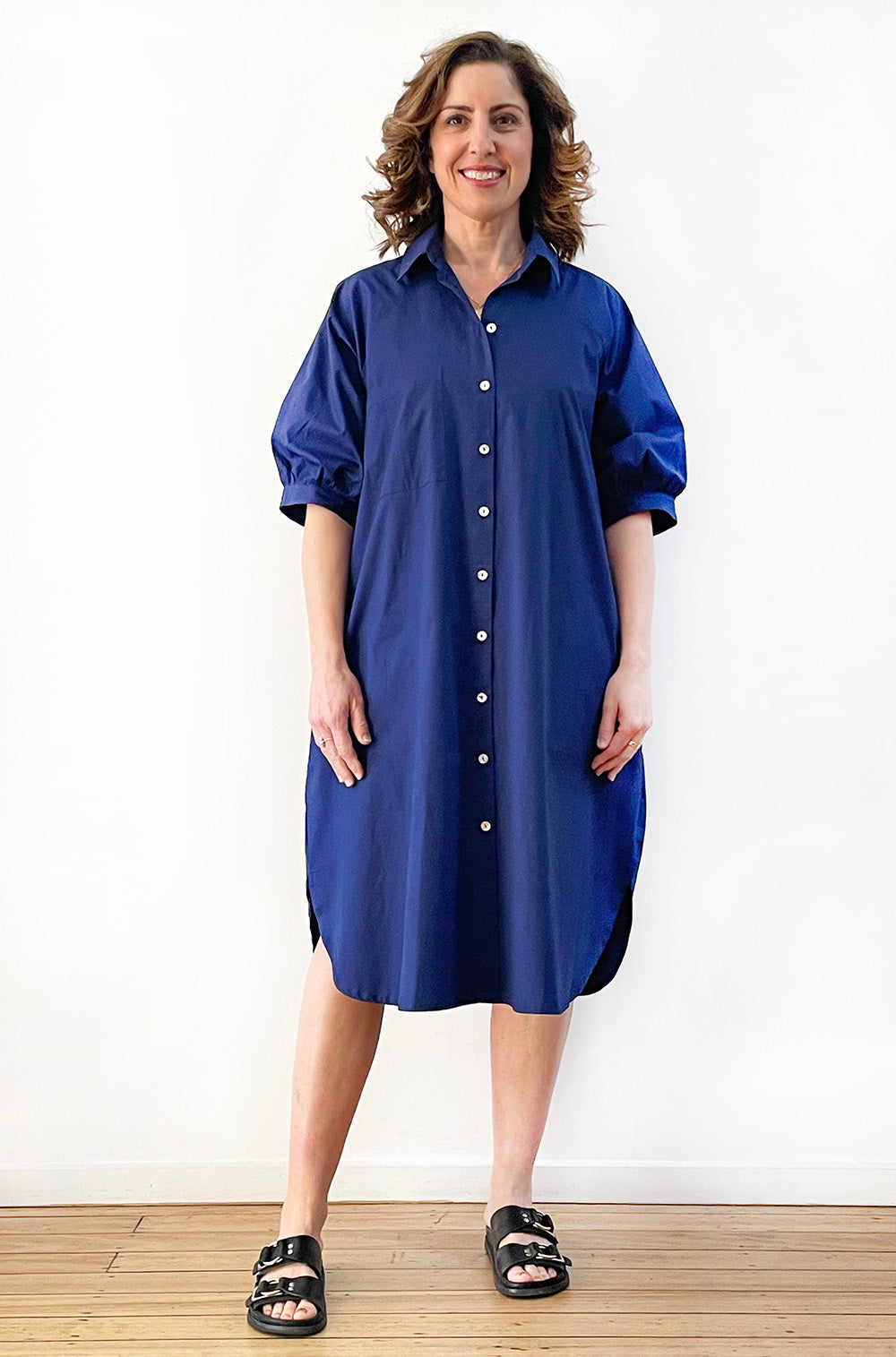 COTTON GATHERED SLEEVE SHIRT DRESS SKIPPER BLUE