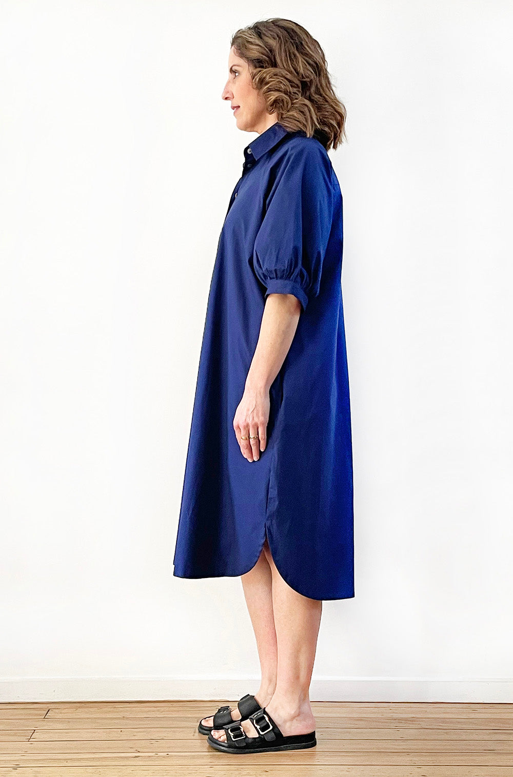 COTTON GATHERED SLEEVE SHIRT DRESS SKIPPER BLUE