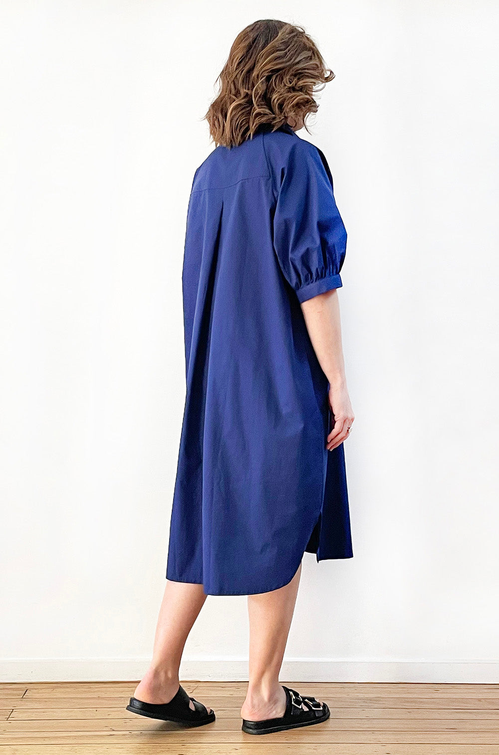 COTTON GATHERED SLEEVE SHIRT DRESS SKIPPER BLUE