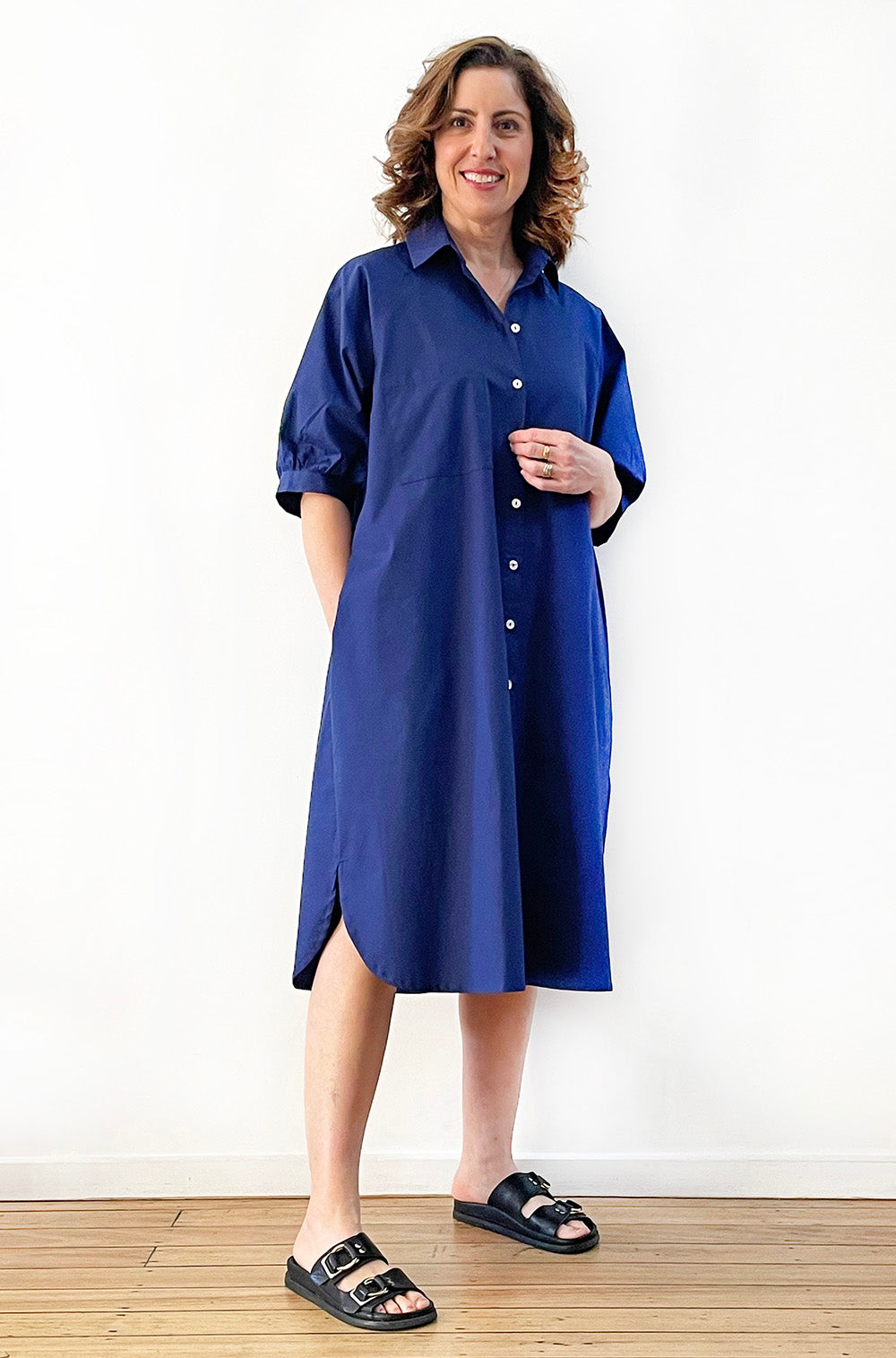 COTTON GATHERED SLEEVE SHIRT DRESS SKIPPER BLUE