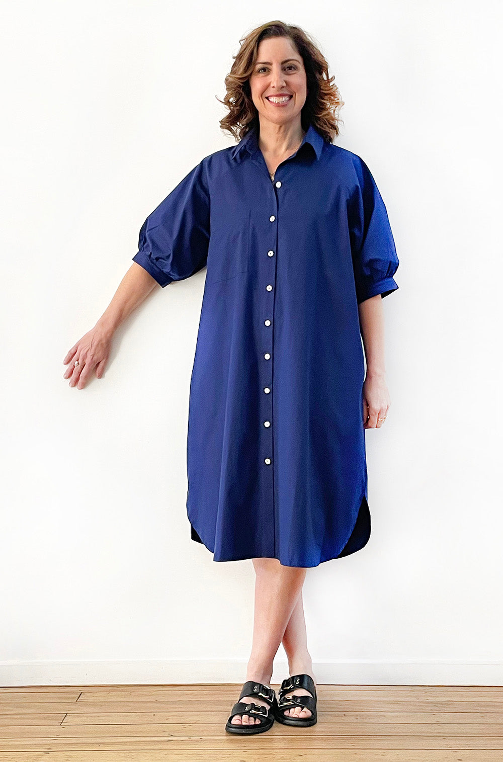 COTTON GATHERED SLEEVE SHIRT DRESS SKIPPER BLUE