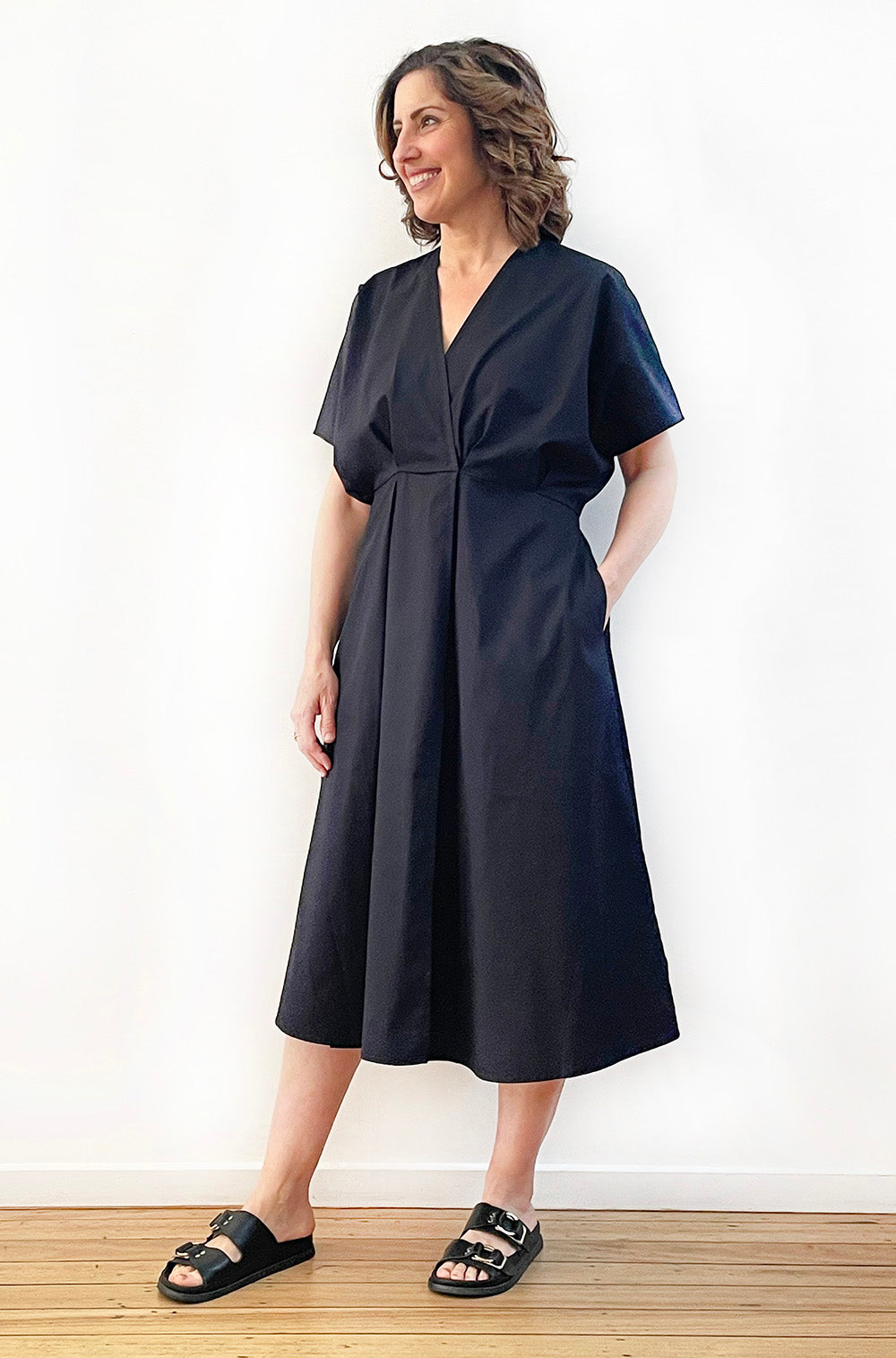 COTTON MOCK WRAP DRESS BLACK