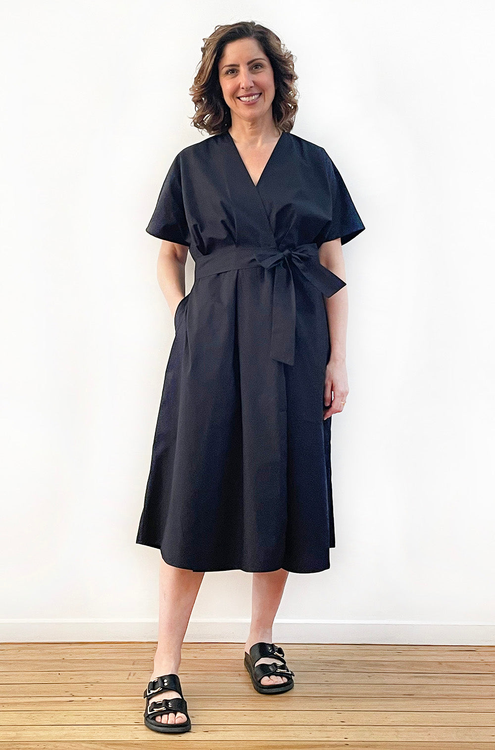 COTTON MOCK WRAP DRESS BLACK