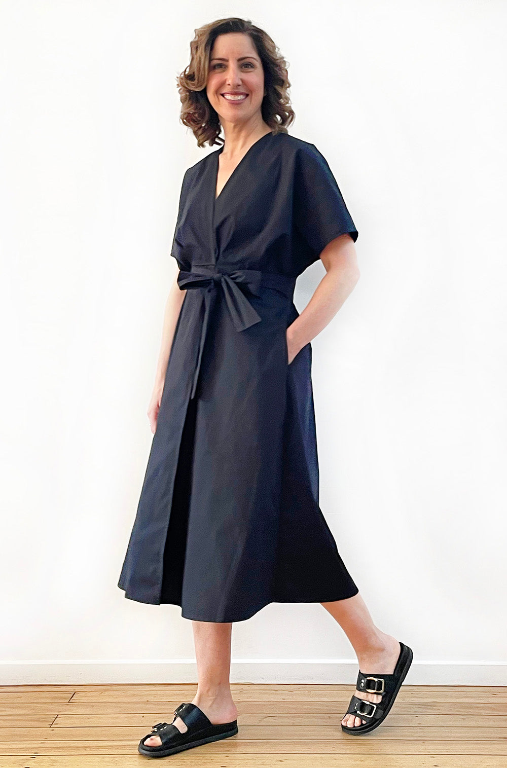 COTTON MOCK WRAP DRESS BLACK