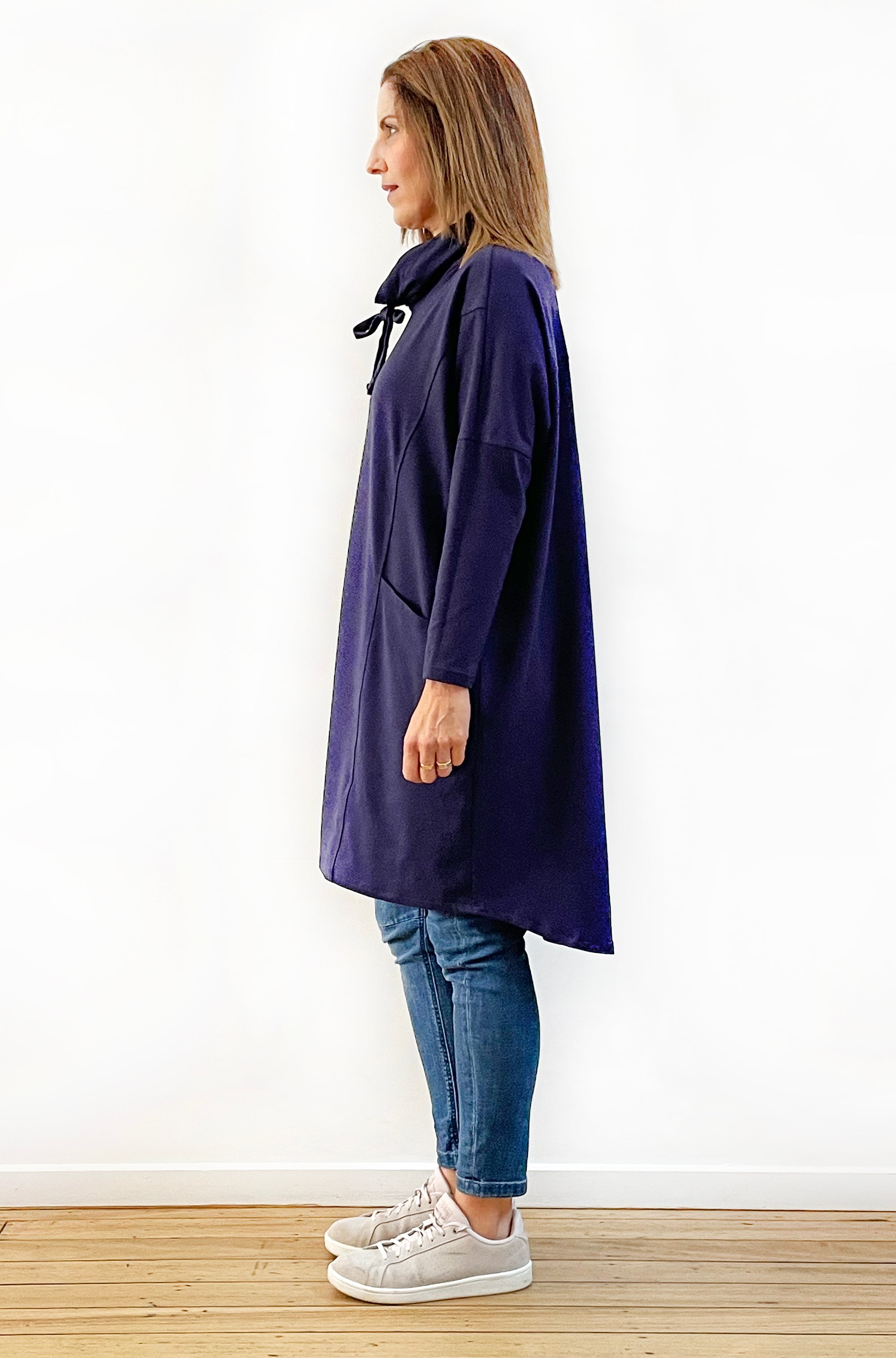 BAMBOO/ORGANIC COTTON COWL NECK DRESS NAVY