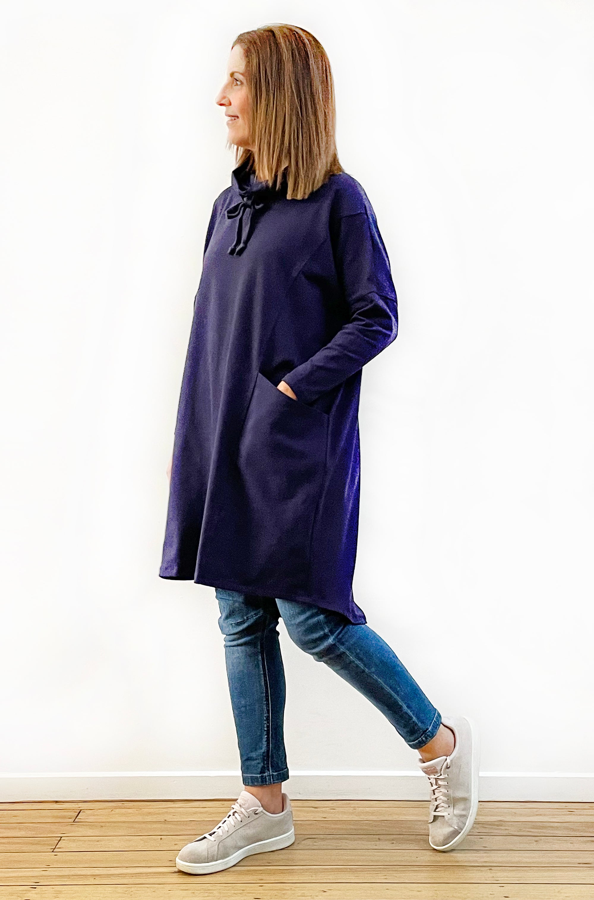 BAMBOO/ORGANIC COTTON COWL NECK DRESS NAVY