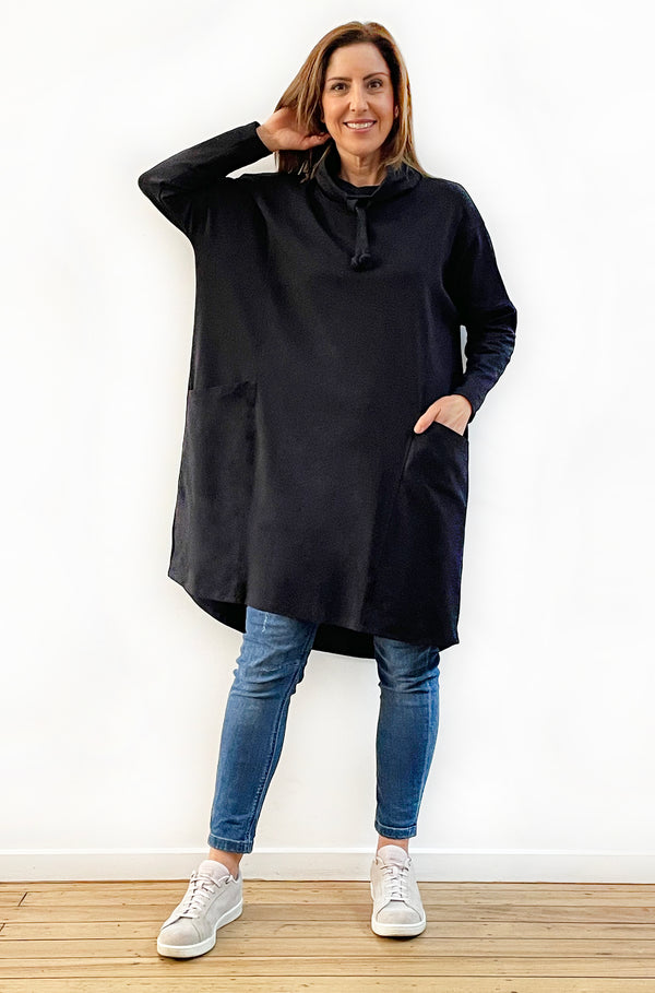 BAMBOO/ORGANIC COTTON COWL NECK DRESS BLACK