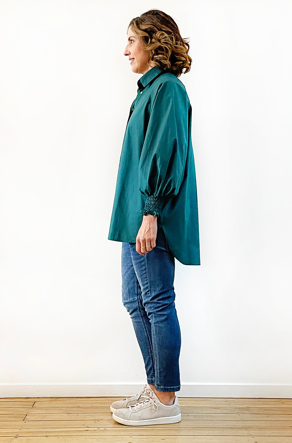 COTTON SHIRRED SLEEVE SHIRT DEEP GREEN