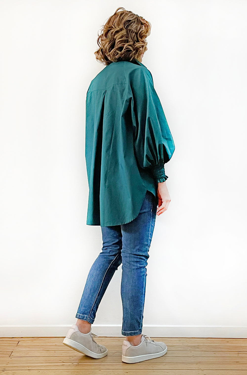 COTTON SHIRRED SLEEVE SHIRT DEEP GREEN