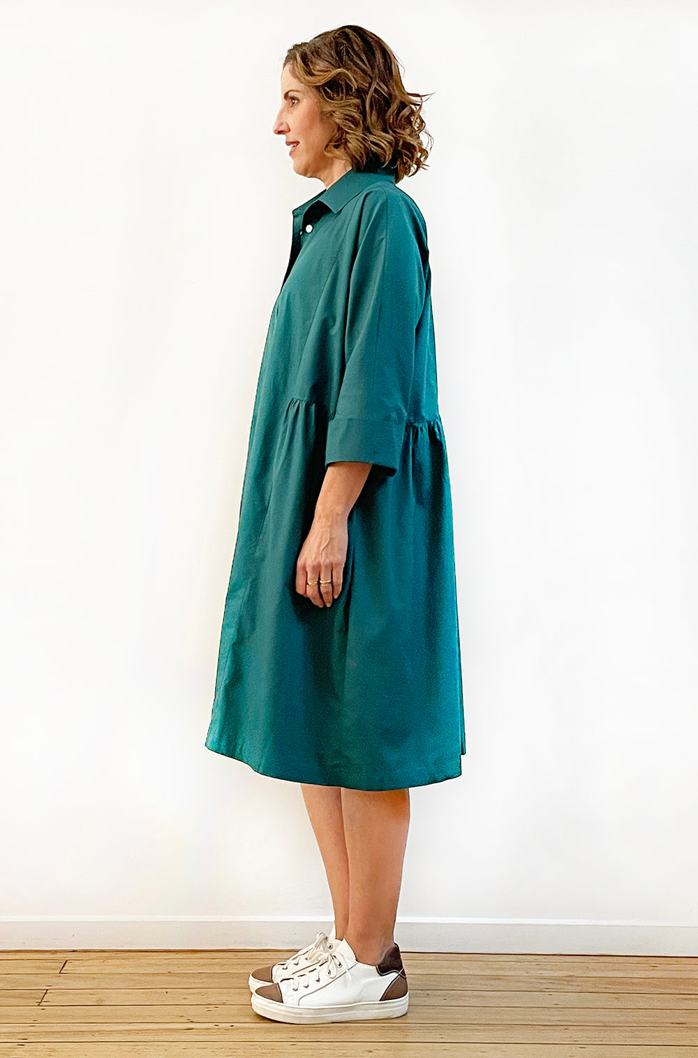 COTTON MAYGAR SLEEVE GATHERED DRESS DEEP GREEN