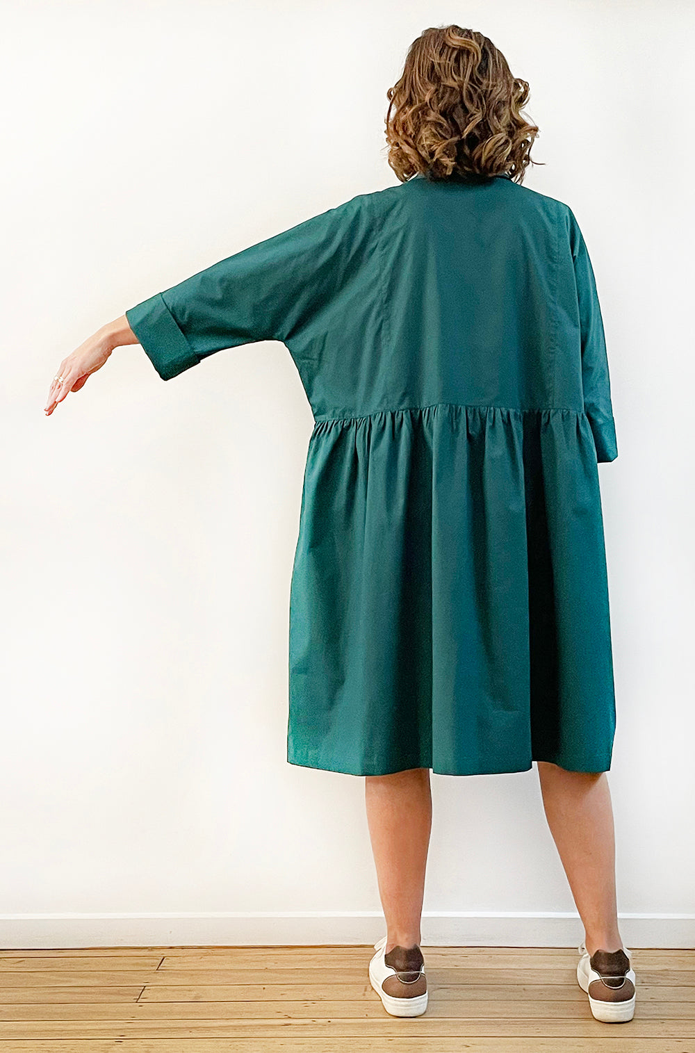 COTTON MAYGAR SLEEVE GATHERED DRESS DEEP GREEN