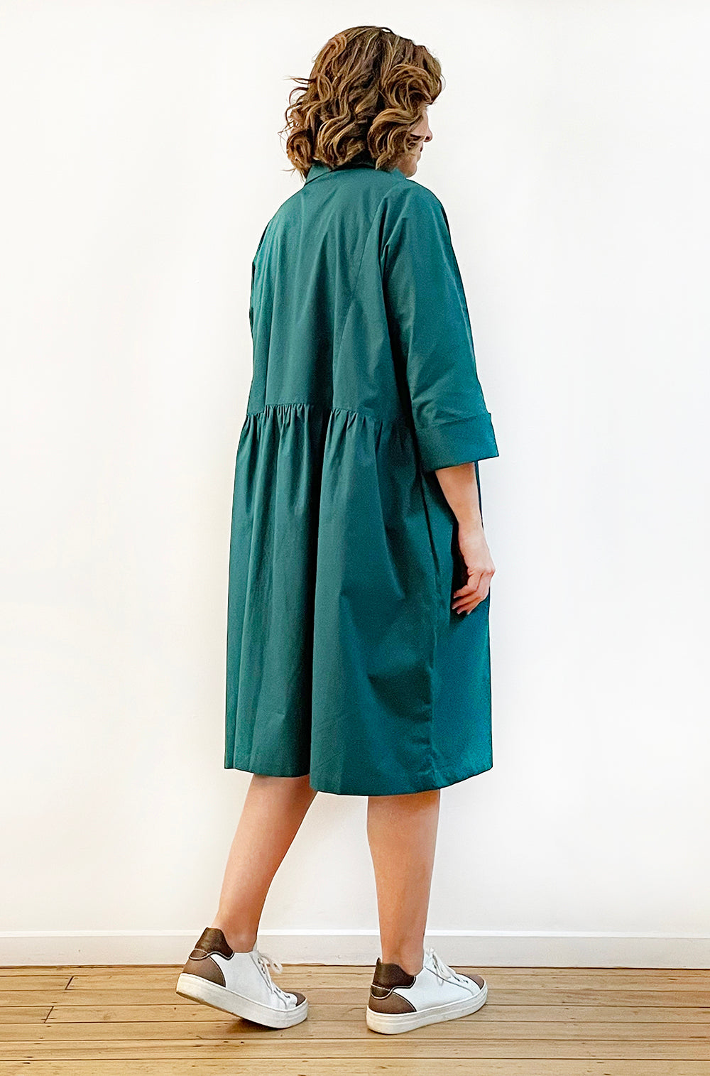 COTTON MAYGAR SLEEVE GATHERED DRESS DEEP GREEN