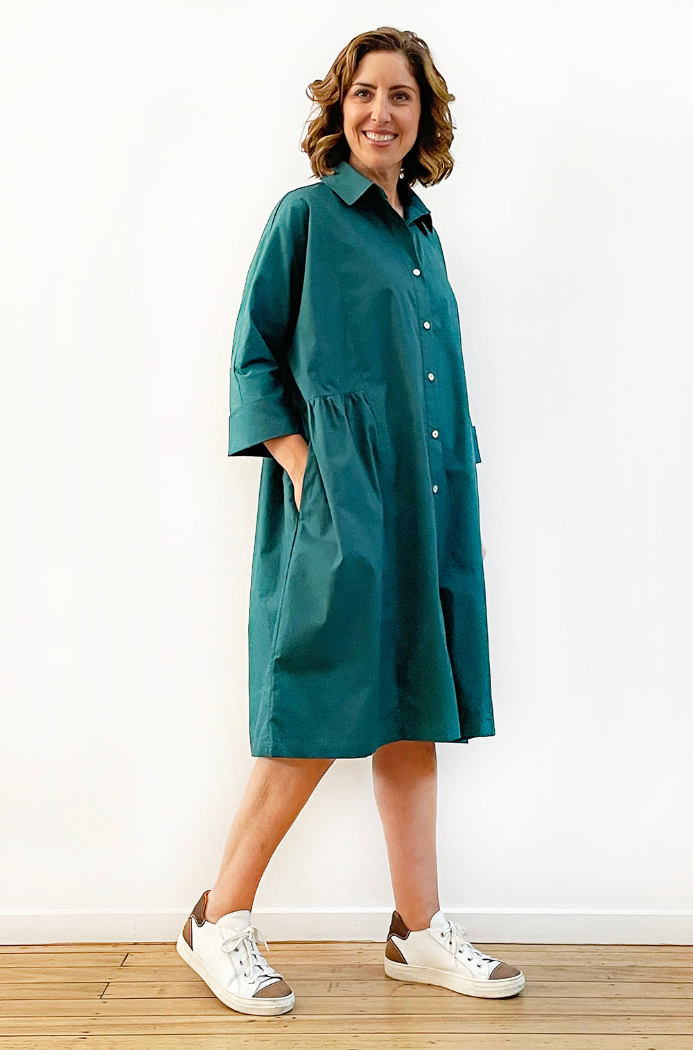 COTTON MAYGAR SLEEVE GATHERED DRESS DEEP GREEN