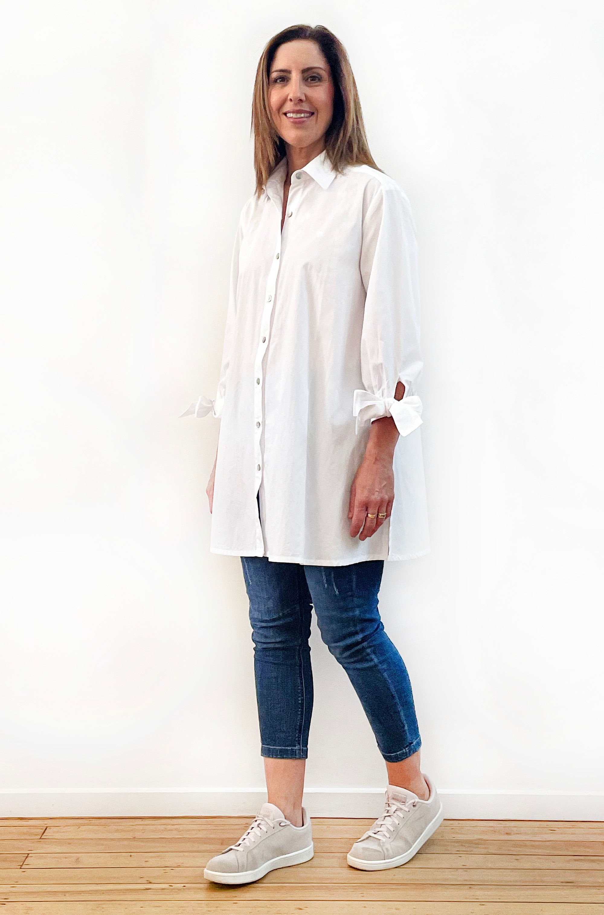 COTTON TIE SLEEVE SWING SHIRT WHITE