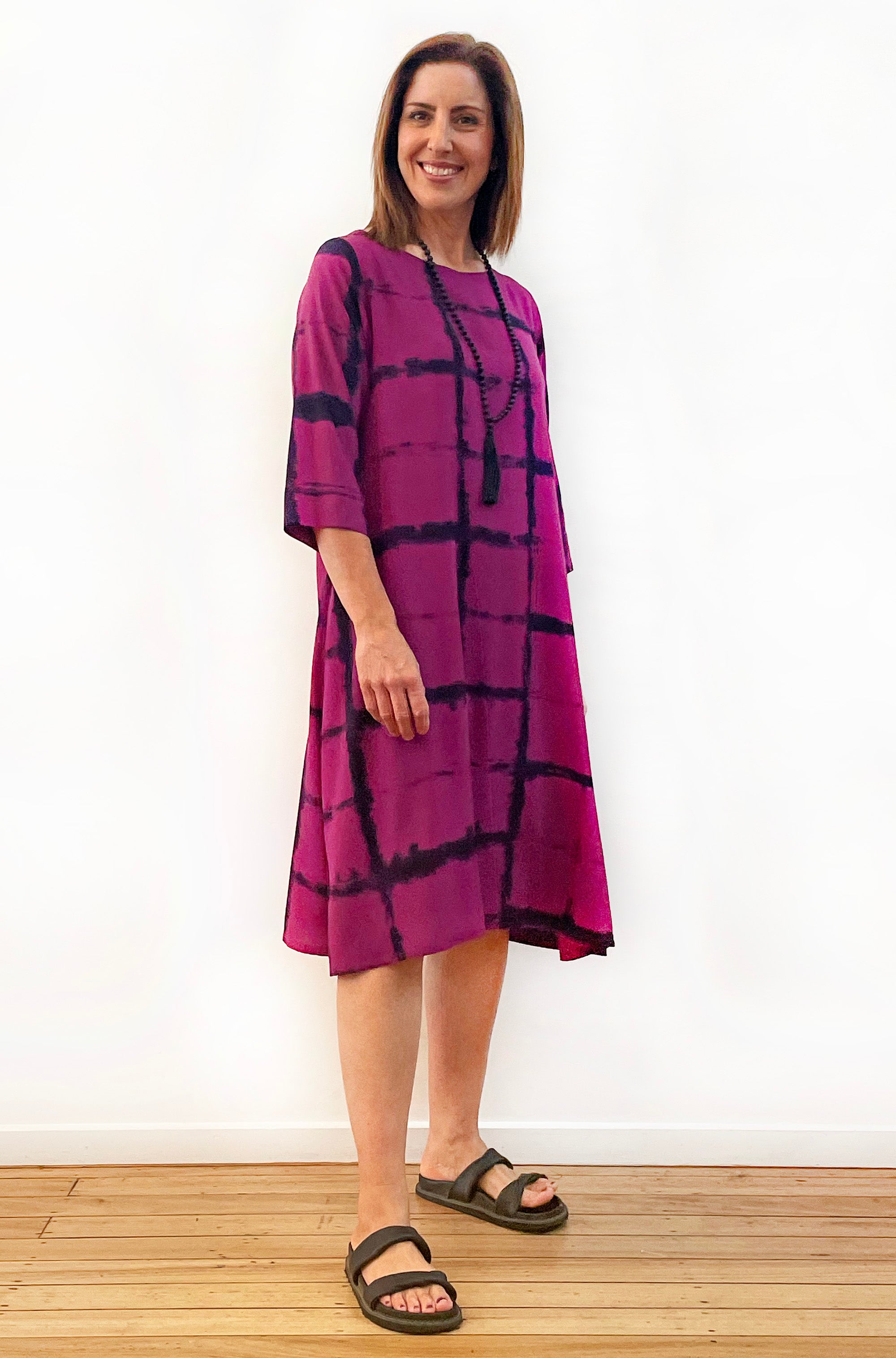 HAND DYED A-LINE SHIFT DRESS MULBERRY SQUARE