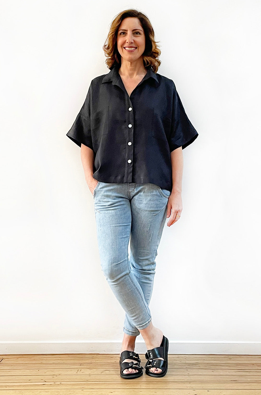 LINEN BUTTON THRU BOXY SHIRT BLACK