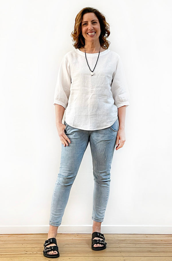 LINEN GATHERED SLEEVE TOP WHITE